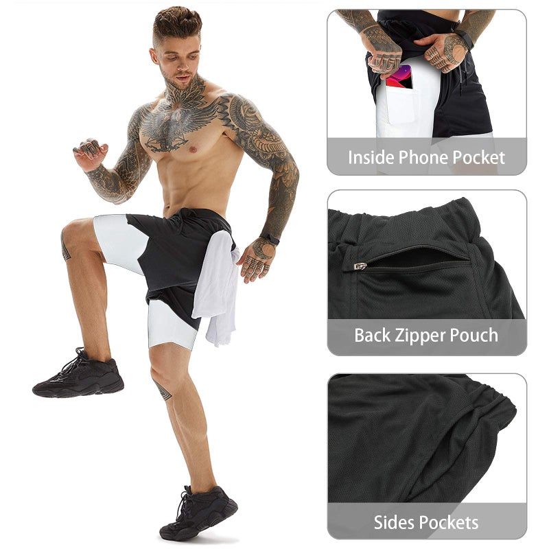 OEBLD Mens Athletic Shorts 2-in-1 Gym Workout Running 7'' Shorts with Towel Loop Black - Image 3